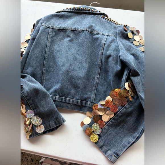 NWT Studded Denim Jacket with Gold and Multicolor Accents. Size M available. - Picture 8 of 9